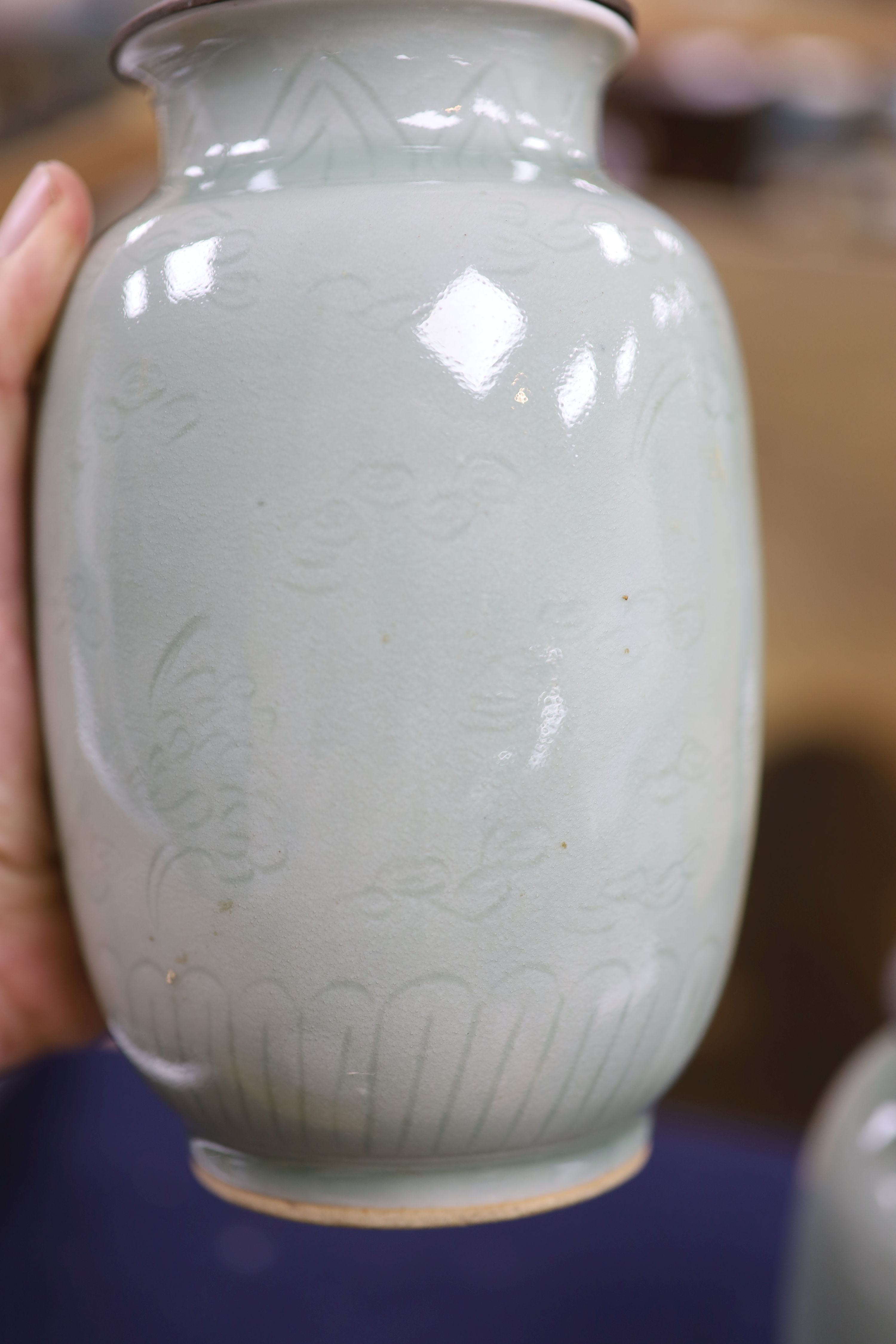 A pair of Chinese celadon vases, now as lamps, Yongzheng mark to base but later, height 19cm excl. electrical fittings